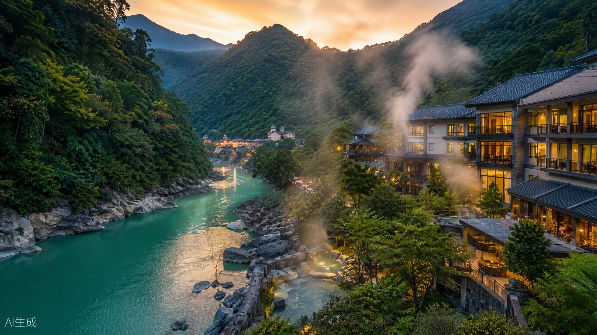 烏來山谷晨曦，南勢溪蜿蜒流過溫泉酒店